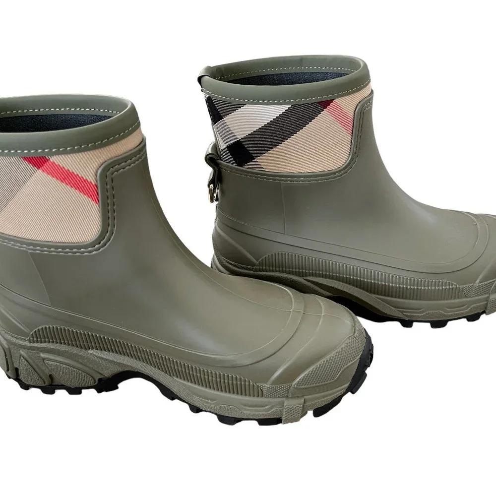 BURBERRY WOMEN'S RYAN CHECK FERN GREEN RUBBER RAIN BOOTS - Picture 5 of 16